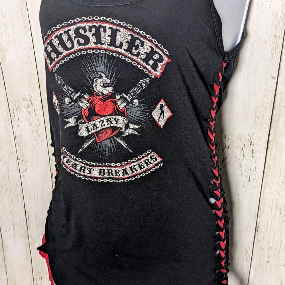 Vintage Hustler Lace Up Tank Womens XL Y2K Biker Babe Grunge Distressed RARE HTF